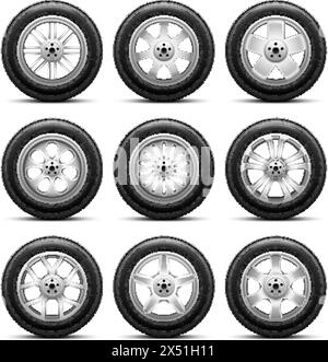 Cerchione realistico delle ruote. Pneumatico isolato per auto con disco in lega o cromato, ruota di regolazione 3d nuovo pneumatico per auto attrezzature sportive pneumatici per auto auto da corsa su strada illustrazione vettoriale Illustrazione Vettoriale