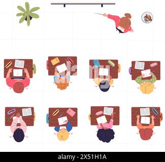 Vista dall'alto della classe. Gli studenti al tavolo e gli insegnanti studiano in una classe universitaria o scolastica, gli esami di formazione per leader aziendali gruppo di persone, illustrazione vettoriale dello studente in classe Illustrazione Vettoriale