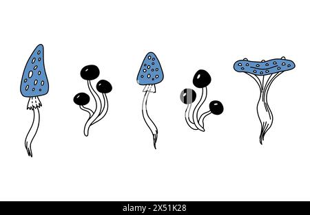 Set di funghi velenosi magici. Design fungo per tatuaggi, simbolo romantico alla moda. Funghi strega amanita per Halloween. Toadstool vettoriale doodle Illustrazione Vettoriale