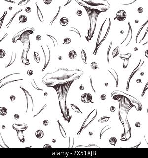 Funghi forestali commestibili con mirtilli, foglie, aghi di abete. Illustrazione grafica, disegnata a mano con inchiostro marrone, line art monocromatica Illustrazione Vettoriale
