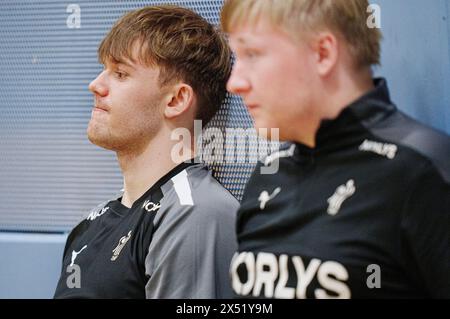 Copenaghen, Danimarca. 6 maggio 2024. Thomas Arnoldsen e Emil Nielsen durante l'allenamento con gli uomini Handball a Broendby, lunedì 6 maggio 2024. (Foto: Liselotte Sabroe/Ritzau Scanpix) credito: Ritzau/Alamy Live News Foto Stock