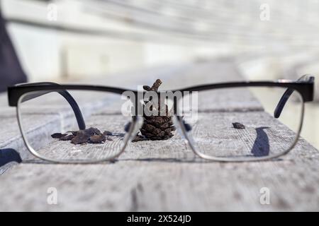 occhiali da lettura su una panchina di legno per leggere un libro Foto Stock