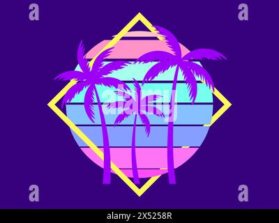 Palme fantascientifiche retrò degli anni '80 al tramonto in una cornice quadrata. Sole retrò futuristico con palme. Stile Synthwave e Retrowave. Design dell'adver Illustrazione Vettoriale