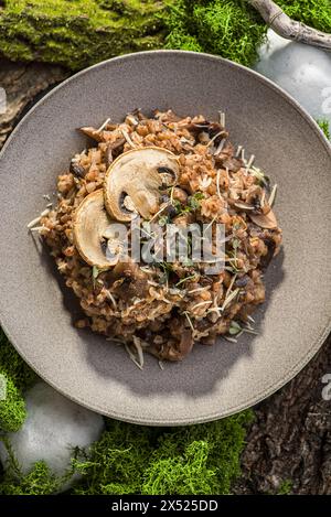 grano saraceno con funghi e parmigiano. Foto di alta qualità Foto Stock