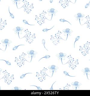 Illustrazione a motivi botanici senza cuciture con rami blu e azzurri, foglie e fiori di ciliegio su sfondo bianco. Tema primavera ed estate. Foto Stock