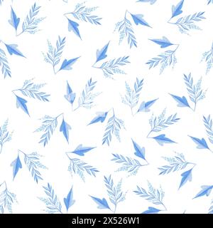 Illustrazione a motivi botanici senza cuciture con rami blu e azzurri, foglie e fiori di ciliegio su sfondo bianco. Tema primavera ed estate. Foto Stock