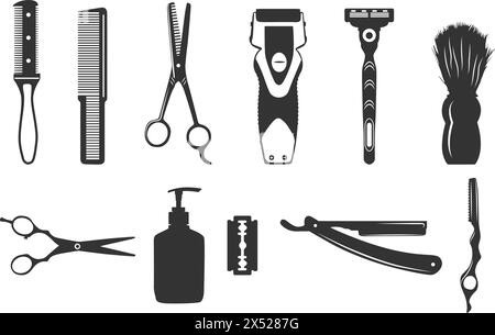 Barbiere, barbiere, barbiere, barbiere, set di utensili per parrucchieri, barbiere, accessori silhouette, silhouette degli attrezzi da salone Illustrazione Vettoriale