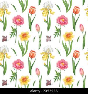 Motivo senza cuciture di fiori primaverili su sfondo bianco. Acquerello illustrazione disegnata a mano di fiori luminosi, peonia, narciso, Iris e tulipani. Patte Foto Stock