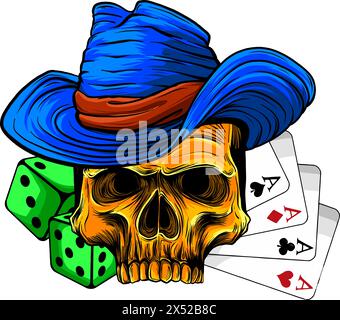 illustrazione vettoriale del cranio del cowboy con asso del poker e dadi Illustrazione Vettoriale
