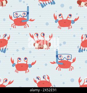 Motivo vettoriale senza cuciture con simpatici granchi nell'oceano di onde, ideale per bambini e tessuti per bambini. Illustrazione vettoriale Illustrazione Vettoriale