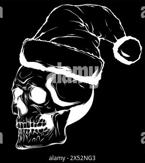 Silhouette bianca del cranio con cappello di Babbo Natale su sfondo nero Illustrazione Vettoriale