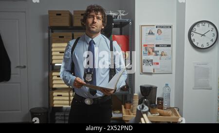 Detective ispanico in possesso di file in una stazione di polizia con poster scomparsi e orologio sul muro. Foto Stock