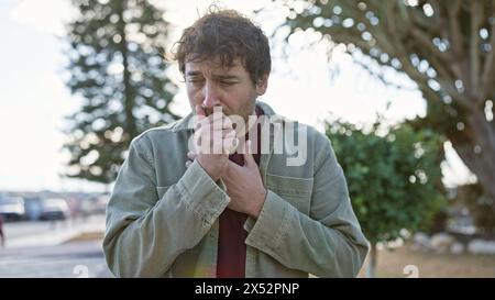 Uomo ispanico tossisce all'aperto in un parco con alberi Foto Stock