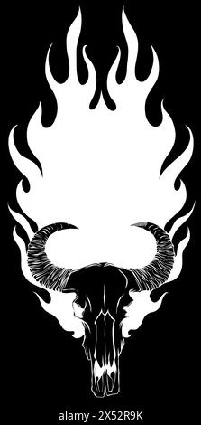 silhouette bianca del teschio di bue con fiamme su sfondo nero Illustrazione Vettoriale