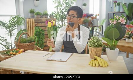 Un giovane asiatico esamina i tulipani mentre parla su uno smartphone in un negozio di fiori. Foto Stock