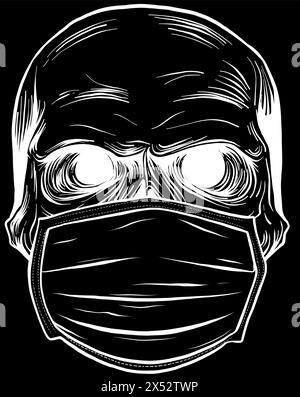 Silhouette bianca del teschio nella maschera medica su sfondo nero Illustrazione Vettoriale