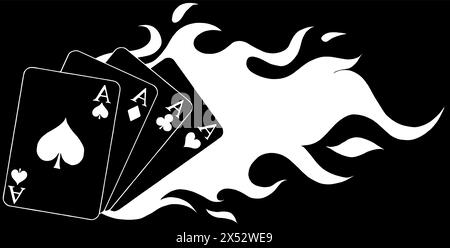 Silhouette bianca di carte da gioco disposte a ventaglio. 4 assi su sfondo nero Illustrazione Vettoriale