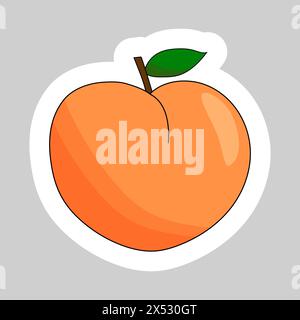 Adesivo con frutta matura di pesca con foglia, illustrazione vettoriale di frutta estiva in stile cartoni animati Illustrazione Vettoriale