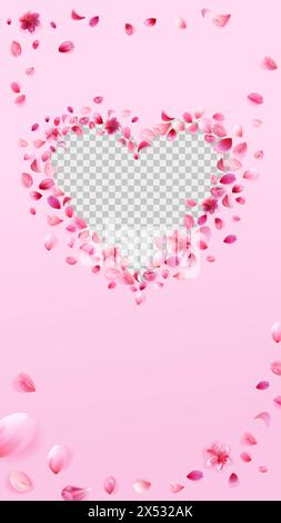 Modello di storia del giorno di Valentines Pink sakura Heart. Cornice per petali di rosa isolata su sfondo rosa. Illustrazione Vettoriale