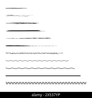 Raccolta di pennelli di linea diversi. Set di motivi di traccia artistici vettoriali. Linee di pennello nere per uso progettuale. Illustrazione Vettoriale