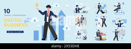 Set di illustrazioni dei concetti aziendali. Raccolta di scene con uomini e donne che partecipano ad attività commerciali. Illustrazione vettoriale Illustrazione Vettoriale