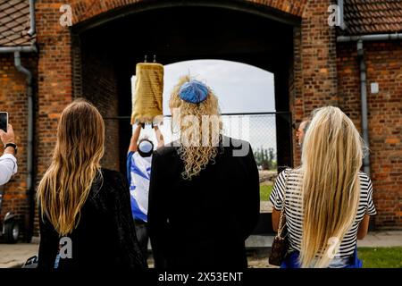 I partecipanti saranno a Birkenau Camp Gate nel marzo 2024, con 55 sopravvissuti all'olocausto. I sopravvissuti all'Olocausto e i sopravvissuti del 7 ottobre partecipano alla marcia dei vivi insieme ad una delegazione di Stati Uniti, Canada, Italia, Regno Unito. Durante il Memorial Day dell'Olocausto osservato nel calendario ebraico (Yom HaShoah), migliaia di partecipanti marciano silenziosamente da Auschwitz a Birkenau. La marcia ha uno scopo educativo e commemorativo. La marcia di quest'anno è stata altamente politicizzata a causa della guerra israeliana nella Palestina occupata. (Foto di Dominika Zarzyck Foto Stock