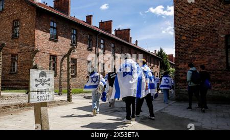 I visitatori coperti di bandiere israeliane visitano le mostre mentre arrivano per la marcia dei vivi al campo di Auschwitz, con la partecipazione di 55 sopravvissuti all'Olocausto. I sopravvissuti all'Olocausto e i sopravvissuti del 7 ottobre partecipano alla marcia dei vivi insieme ad una delegazione di Stati Uniti, Canada, Italia, Regno Unito. Durante il Memorial Day dell'Olocausto osservato nel calendario ebraico (Yom HaShoah), migliaia di partecipanti marciano silenziosamente da Auschwitz a Birkenau. La marcia ha uno scopo educativo e commemorativo. La marcia di quest'anno è stata altamente politicizzata a causa della guerra israeliana in occu Foto Stock