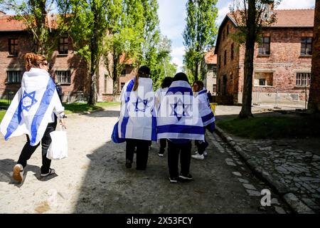 I visitatori coperti di bandiere israeliane visitano le mostre mentre arrivano per la marcia dei vivi al campo di Auschwitz, con la partecipazione di 55 sopravvissuti all'Olocausto. I sopravvissuti all'Olocausto e i sopravvissuti del 7 ottobre partecipano alla marcia dei vivi insieme ad una delegazione di Stati Uniti, Canada, Italia, Regno Unito. Durante il Memorial Day dell'Olocausto osservato nel calendario ebraico (Yom HaShoah), migliaia di partecipanti marciano silenziosamente da Auschwitz a Birkenau. La marcia ha uno scopo educativo e commemorativo. La marcia di quest'anno è stata altamente politicizzata a causa della guerra israeliana in occu Foto Stock