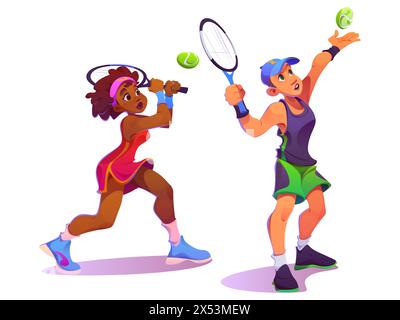 I tennisti sono isolati su sfondo bianco. Illustrazione vettoriale del cartone animato di giovane donna africana che corre con la racchetta in mano, uomo attivo che serve palla, atleti di competizione sportiva, stile di vita sano Illustrazione Vettoriale