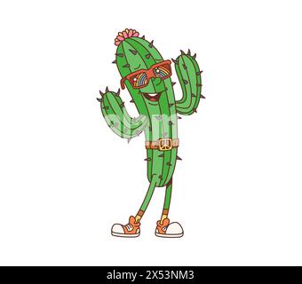 Cartoni animati Western Cactus Groovy, vettoriale deserto del selvaggio West succulento personaggio vegetale con fiore. Cactus hippie retrò con un viso stravagante e sorridente che indossa occhiali da sole arcobaleno e cintura simbolo della pace Illustrazione Vettoriale