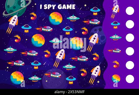 I bambini spionano con pianeti e comete spaziali della galassia, UFO e navicelle spaziali, foglio di lavoro vettoriale. Spiono il rompicapo del quiz del gioco per trovare e abbinare gli stessi razzi spaziali cartoni animati e gli UFO alieni nel cielo della galassia con le stelle Illustrazione Vettoriale