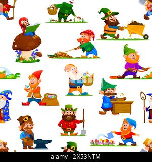 Gnomi e personaggi nani pattern senza cuciture con personaggi delle fiabe dei cartoni animati, sfondo vettoriale. Modello per bambini di lavoratori del villaggio gnomi, contadini e minatori con vanga, falegname nano e taglialegna Illustrazione Vettoriale
