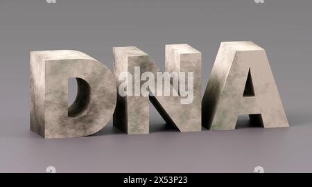 Elegante DNA con iscrizioni rosse su podio grigio, luce soffusa, sfondo fluido, rendering 3d. Foto Stock