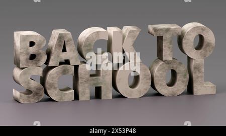Illustrazione di rendering 3D minimale per il concetto Back to School in calcestruzzo grigio su sfondo chiaro Foto Stock