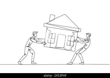Una linea continua che attira due uomini d'affari emotivi che lottano per una casa in miniatura. Il concetto di lottare per una casa lussuosa che vogliono davvero Illustrazione Vettoriale