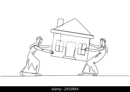 Una linea continua che disegna due affezionati uomini d'affari arabi che lottano per una casa in miniatura. Concetto di lottare per una casa lussuosa che davvero Illustrazione Vettoriale