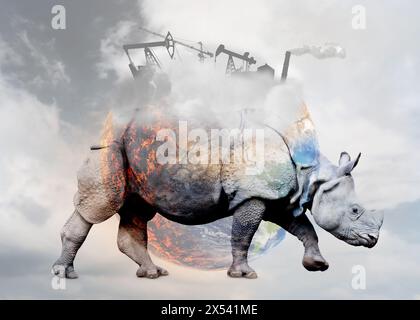 Doppia esposizione dei rinoceronti e immagine concettuale che raffigura la distruzione della Terra a causa del riscaldamento globale e dell'inquinamento industriale Foto Stock