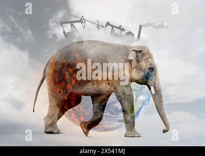 Doppia esposizione dell'elefante e immagine concettuale che raffigura la distruzione della Terra a causa del riscaldamento globale e dell'inquinamento industriale Foto Stock
