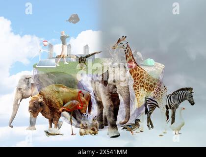Doppia esposizione di diversi animali e immagine concettuale che raffigura la distruzione della Terra a causa dell'inquinamento ambientale Foto Stock