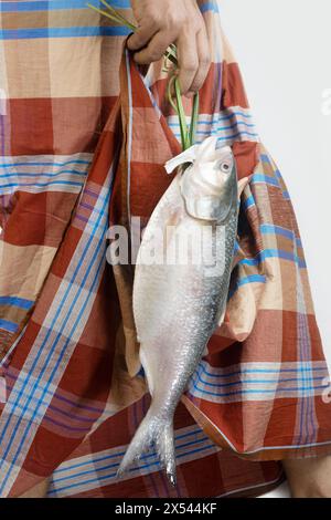 Un lungi che indossa un uomo che trasporta un maaco ilish. Che contiene pesci con paglia o fibra naturale. Pesce nazionale del Bangladesh. Hilsafish, ilisha, hilsa aringa o h Foto Stock