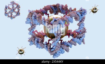 Rendering 3d di nanoparticelle d'oro coniugate all'interno della costruzione dal DNA di un complesso molecolare covalentemente chiuso simile a un cubo Foto Stock