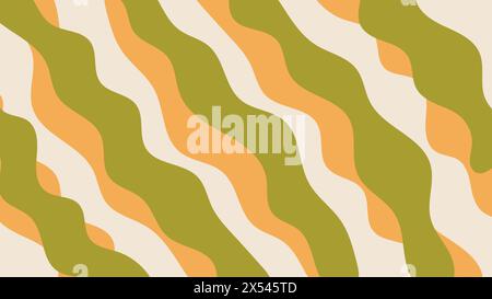 Motivo floreale alla moda con strisce ondulate verdi e gialle su sfondo beige. Sfondo geometrico astratto. Design Y2K retrò Illustrazione Vettoriale
