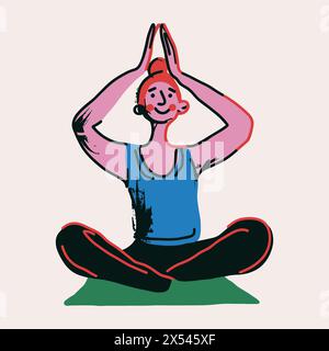 La donna felice è seduta in posa yoga su un tappeto verde. Le sue gambe incrociate e le mani sopra la testa. Posizione Lotus durante la meditazione Illustrazione Vettoriale