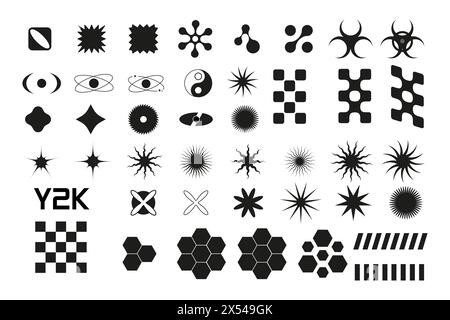 Set bianco riempie forme geometriche nere y2k, 3d . Vettore per poster Illustrazione Vettoriale