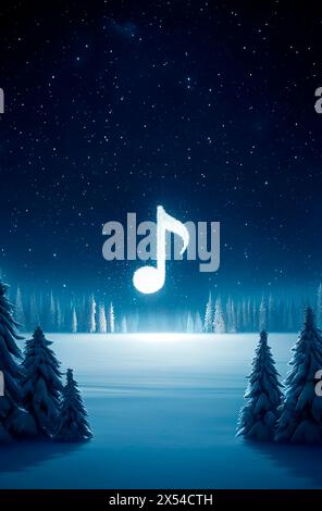 Christmas Harmony: Stock Illustration of Snowy Winter Scene with Musical Note in mezzo al cielo stellato Foto Stock