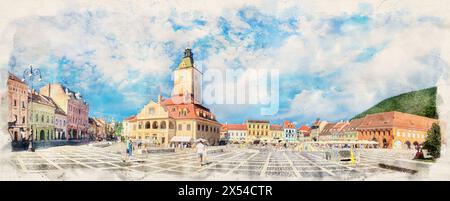 Sede del Consiglio sulla piazza principale Piata Sfatului della città vecchia di Brasov, Romania, in stile acquerello Foto Stock