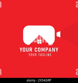 Illustrazione del design del logo della fotocamera immobiliare. Illustrazione monogramma.isolata su sfondo rosso. Fotocamera con logo per la casa.per aziende e professionisti del marketing digitale. Illustrazione Vettoriale