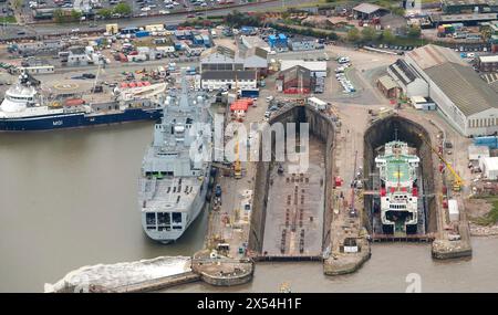 Una fotografia aerea di Carmel Laird Shipyard, Birkenhead, Merseyside, Inghilterra nord-occidentale, Regno Unito Foto Stock