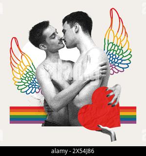 Immagine monocromatica di due giovani amorevoli, coppia che abbraccia, bacia contro i colori dell'arcobaleno elementi di sfondo. Collage d'arte contemporanea. Foto Stock