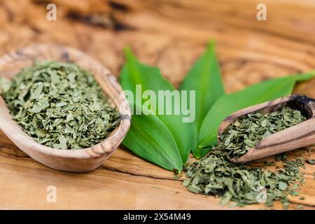 ramson, buckrams, aglio selvatico, aglio a foglia larga, aglio di legno, porro di orso, aglio di orso (Allium ursinum), foglie di aglio selvatico, fresco e essiccato su una Foto Stock